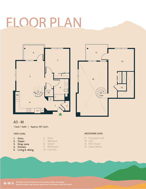 A floor plan of a property with a first level and mezzanine level, including a first level with a bedroom, kitchen, drop zone, living and dining area, and a mezzanine level with a deck, loft